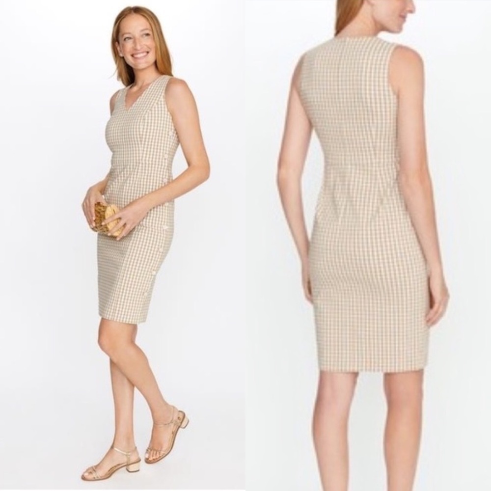J. MCLAUGHLIN PAULSON V-NECK GINGHAM CUBAN SAND WHITE BUTTON SIDE SHEATH DRESS